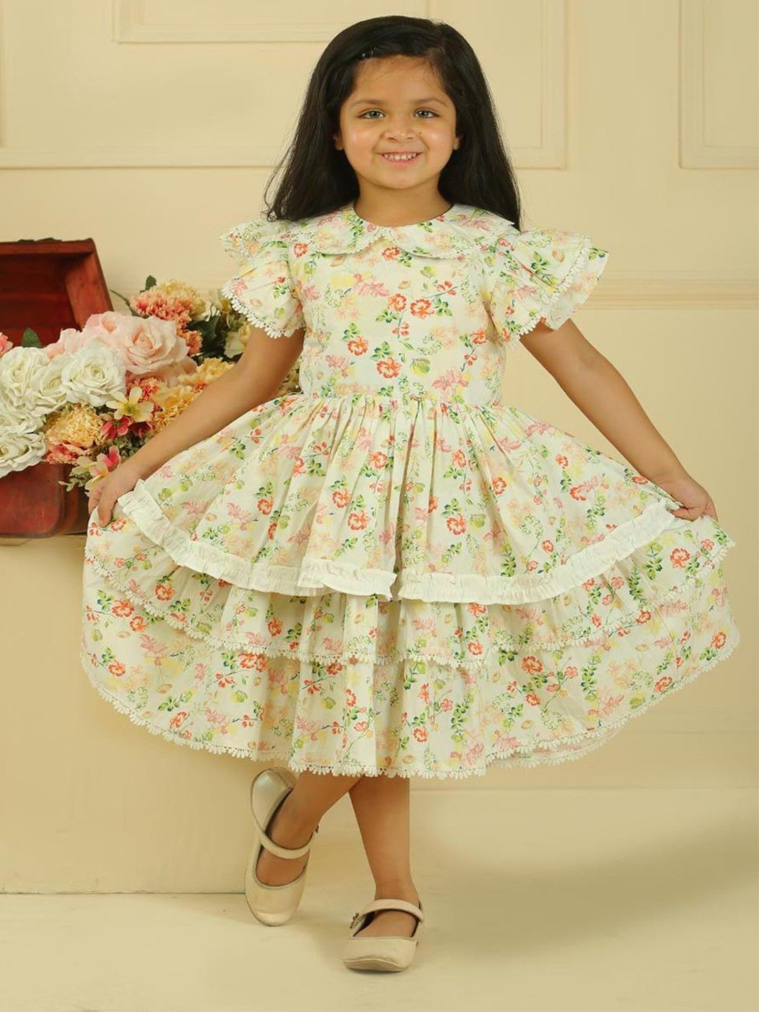 LH LUXURY FASHION Girls Floral Print Flutter Sleeve Fit & Flare Midi Dress