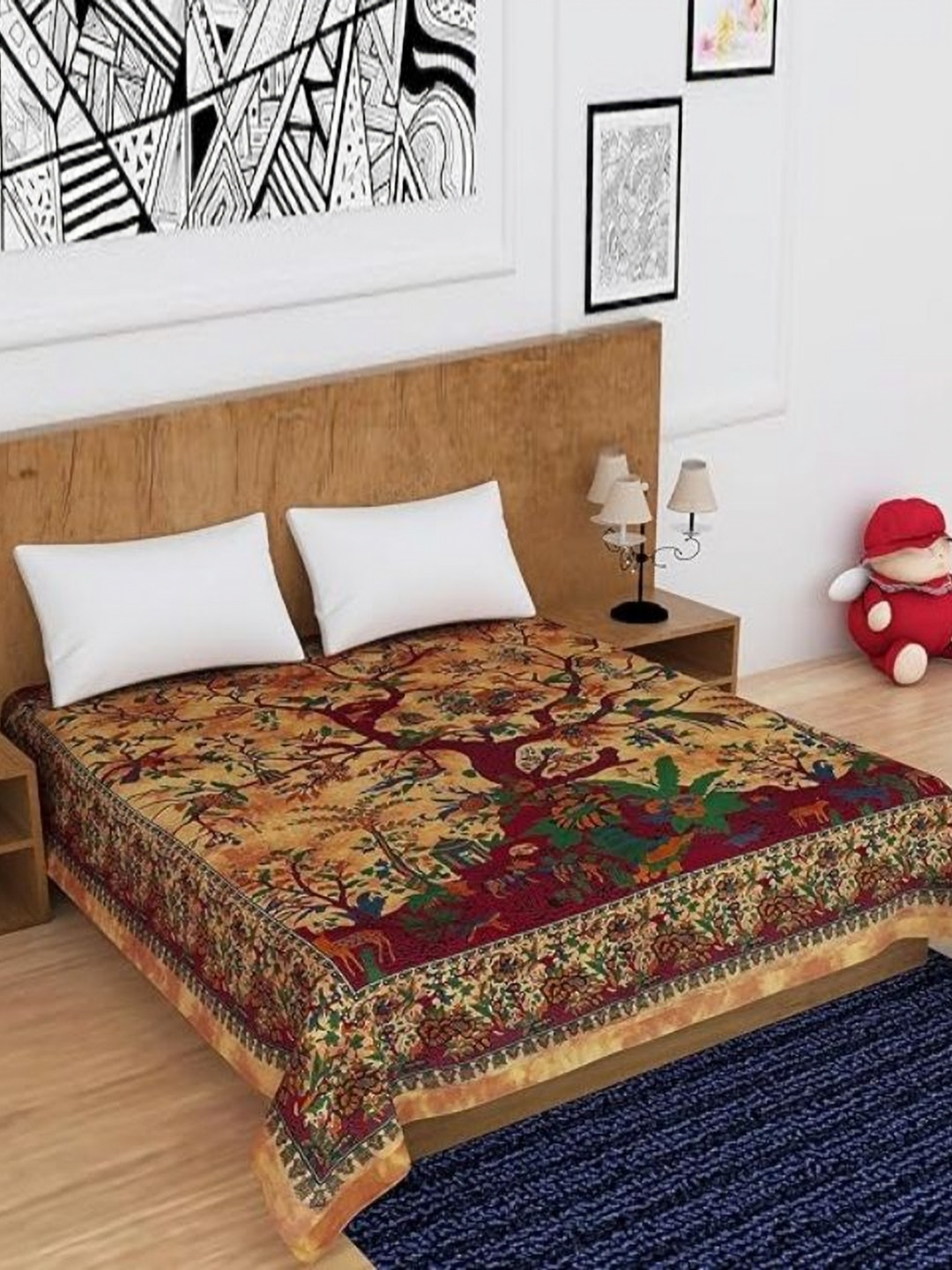 POSHMANDALA Yellow Ethnic Motifs 104 TC Cotton Double King Bedsheet 36 cm x 33 cm