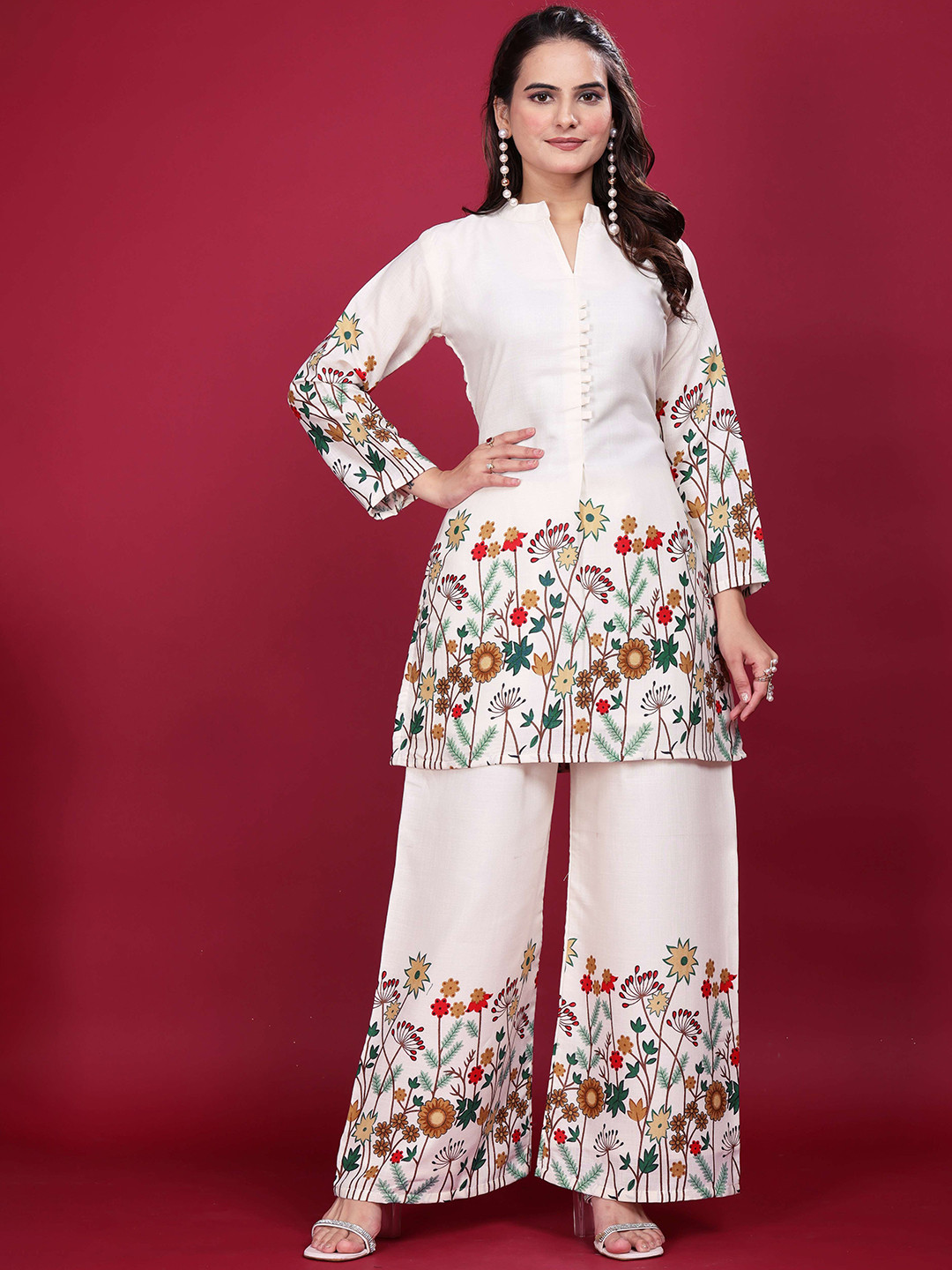 SUVIKAS CREATION Ethnic Motifs Printed V-Neck Linen Tunic With Palazzo