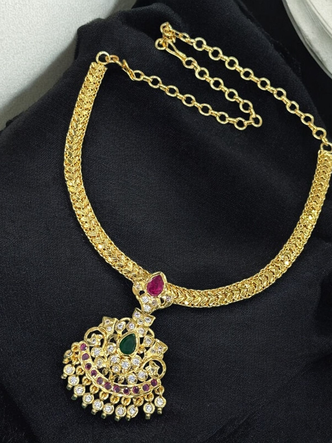 AAYPEE Gold-Plated American Diamond Studded & Artificial Beaded Statement Necklace