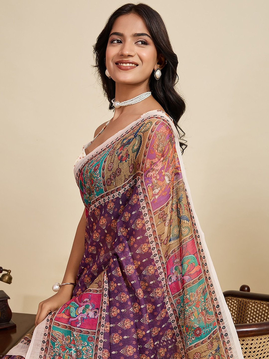 Moda Rapido Women Purple Silk Blend Designer Block Print Saree