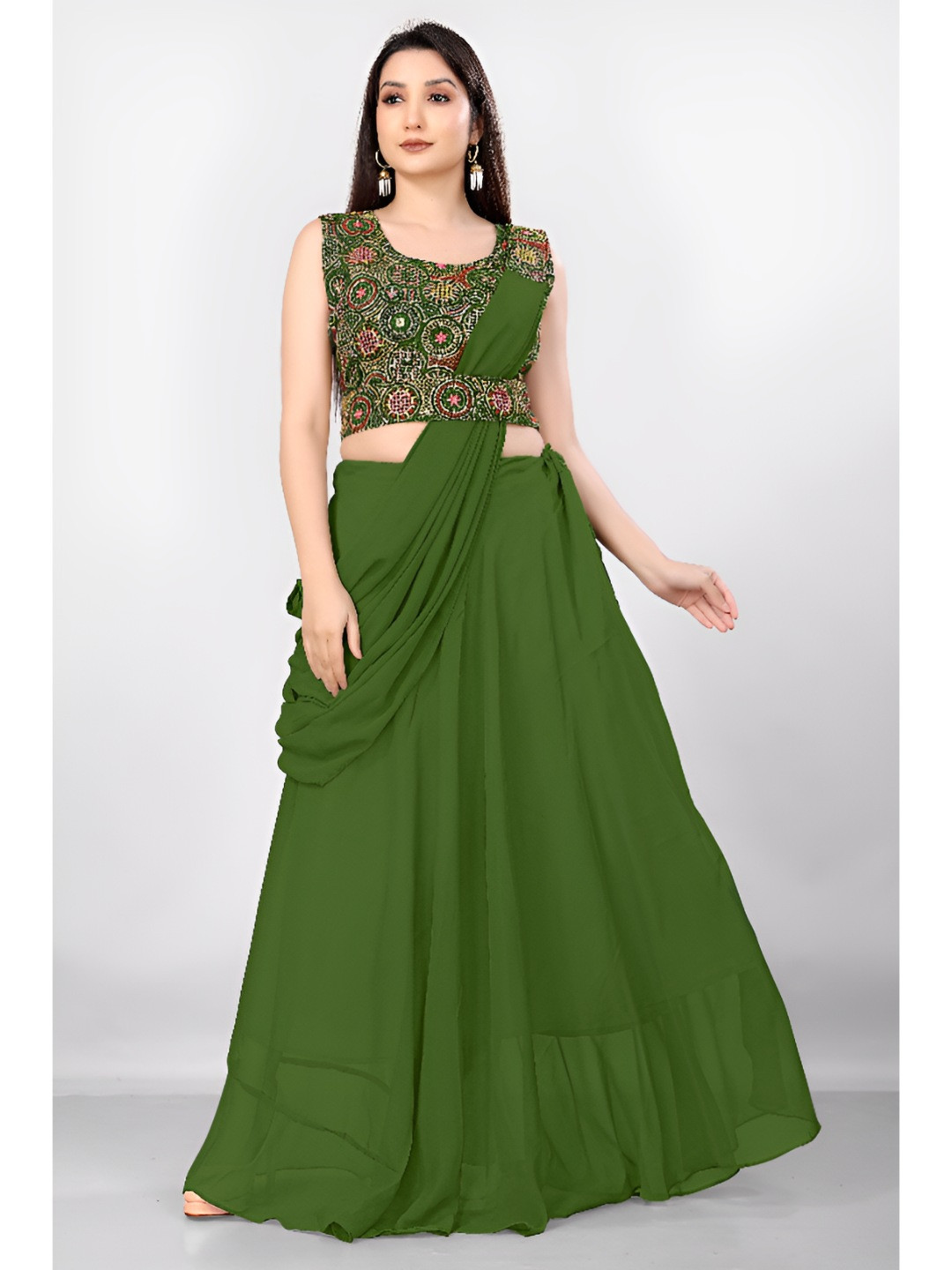 Happy Design Ethnic Motifs Embroidered Empire Thread Work Top With Skirt & Dupatta