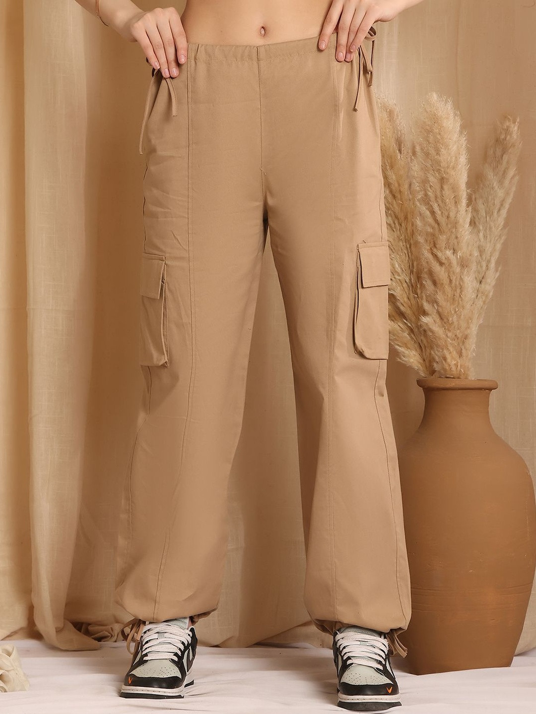 HERE&NOW Women Beige Cotton Side Pockets Mid-Rise Drawstring Waist Cargo Trousers