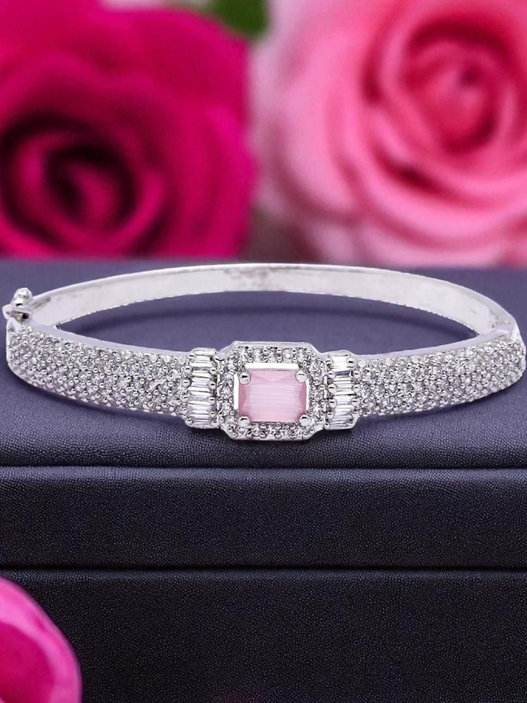 ANIKAS CREATION Women Brass American Square Pink Diamond Silver-Plated Bracelet