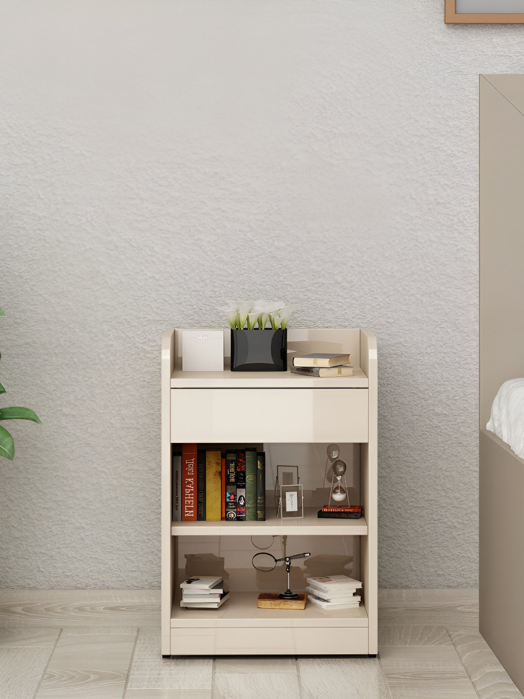 Crystal Furnitech Cream-Colored Textured Wooden Rectangle Bedside Table