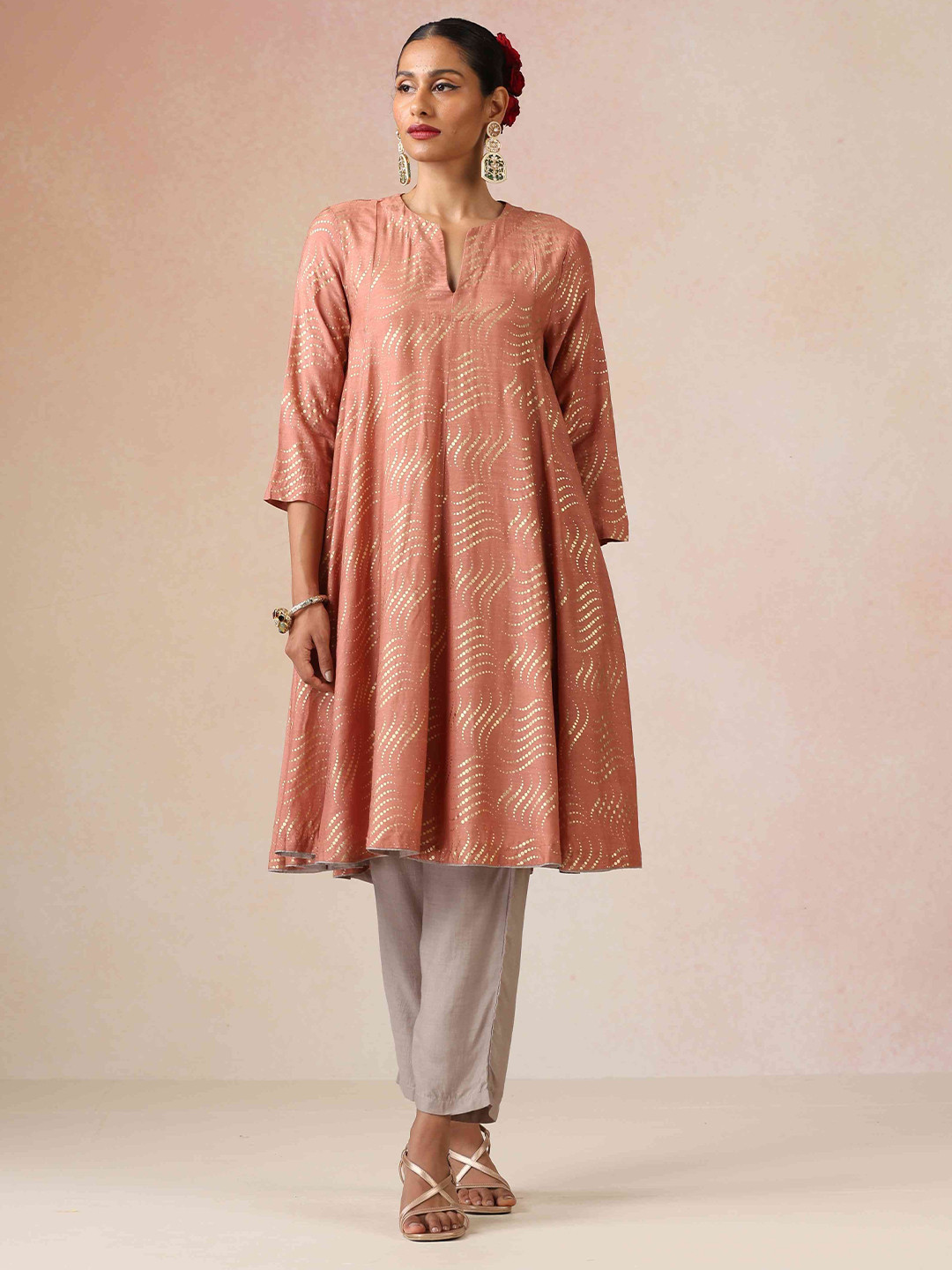 trueBrowns Peach Foil Printed Muslin Silk Flared Tunic With Trousers Co-Ords
