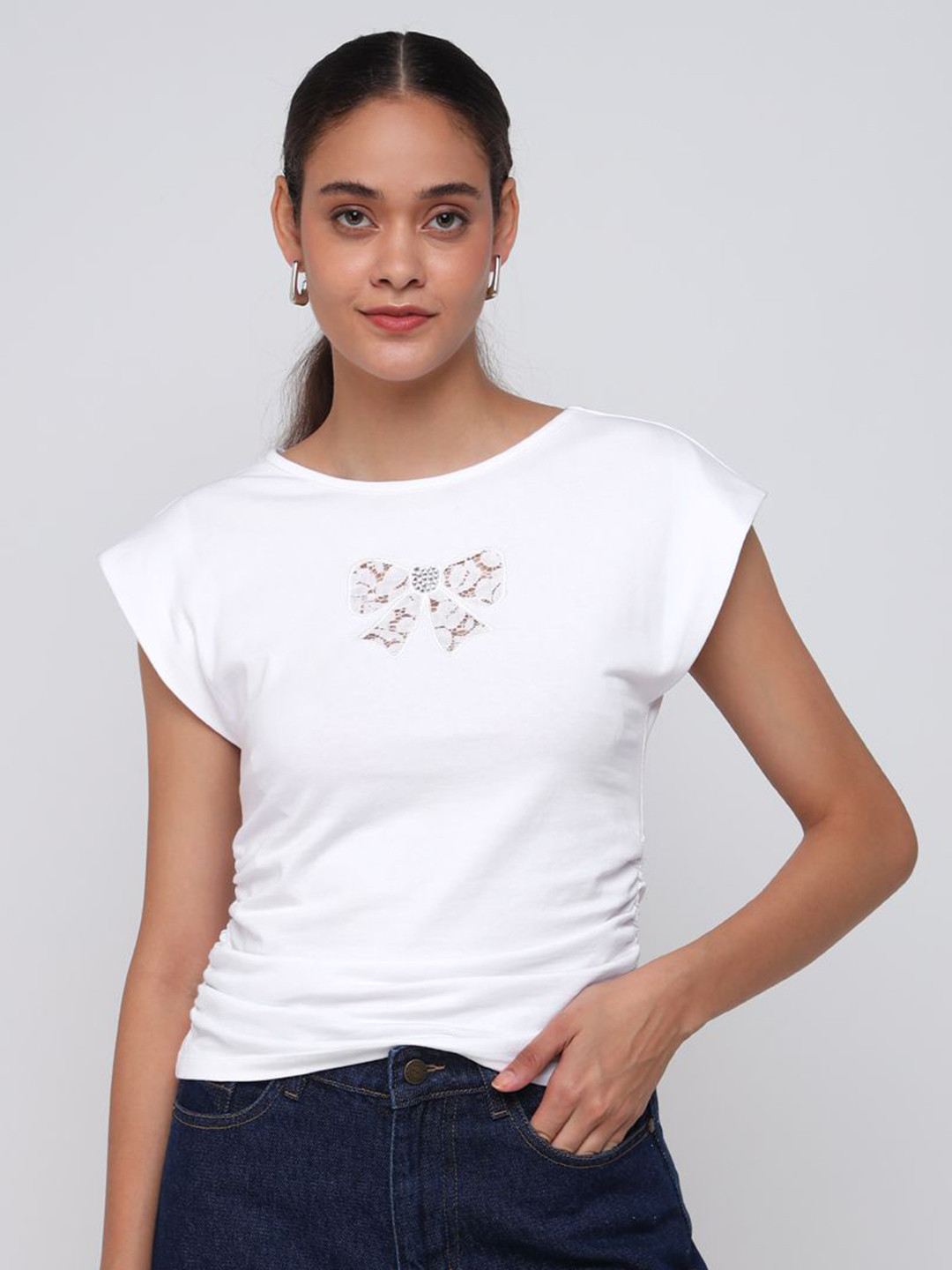 COVER STORY Women Self Design Boat Neck Slim Fit T-shirt