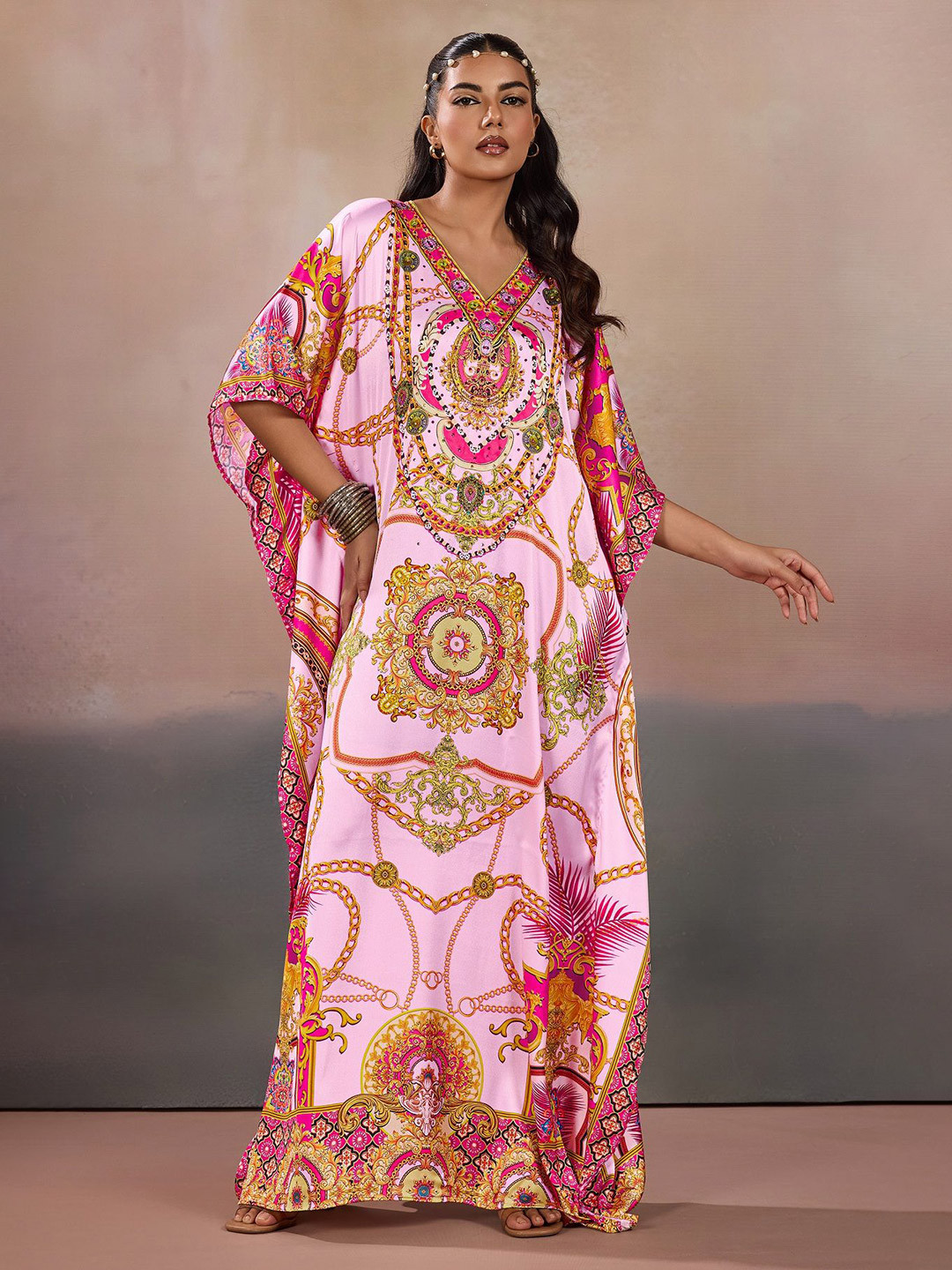 LABEL AARNA Women Pink Printed Ornate Mandala Soft Satin Kaftan Dress With Rhinestones