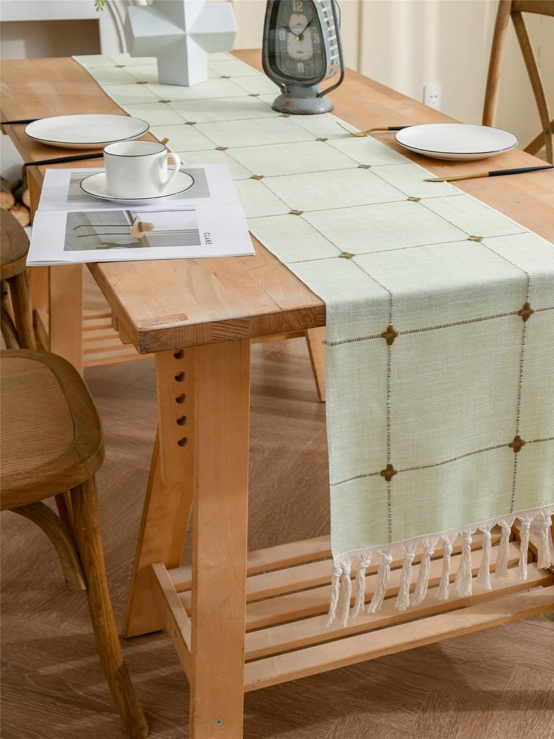 Alexvyan Brown & Green Textured Table Runner With Tassels