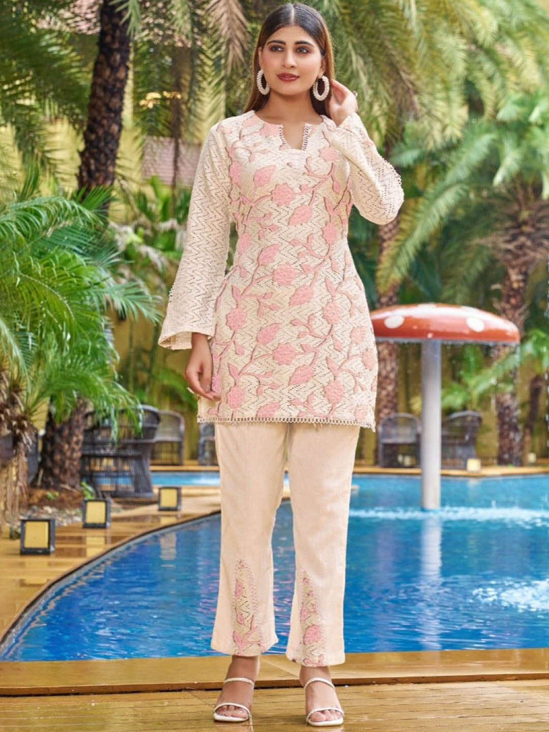 AUTUMN LANE Iyana Toffee Embroidered Pure Cotton Tunic With Trousers Co-Ords