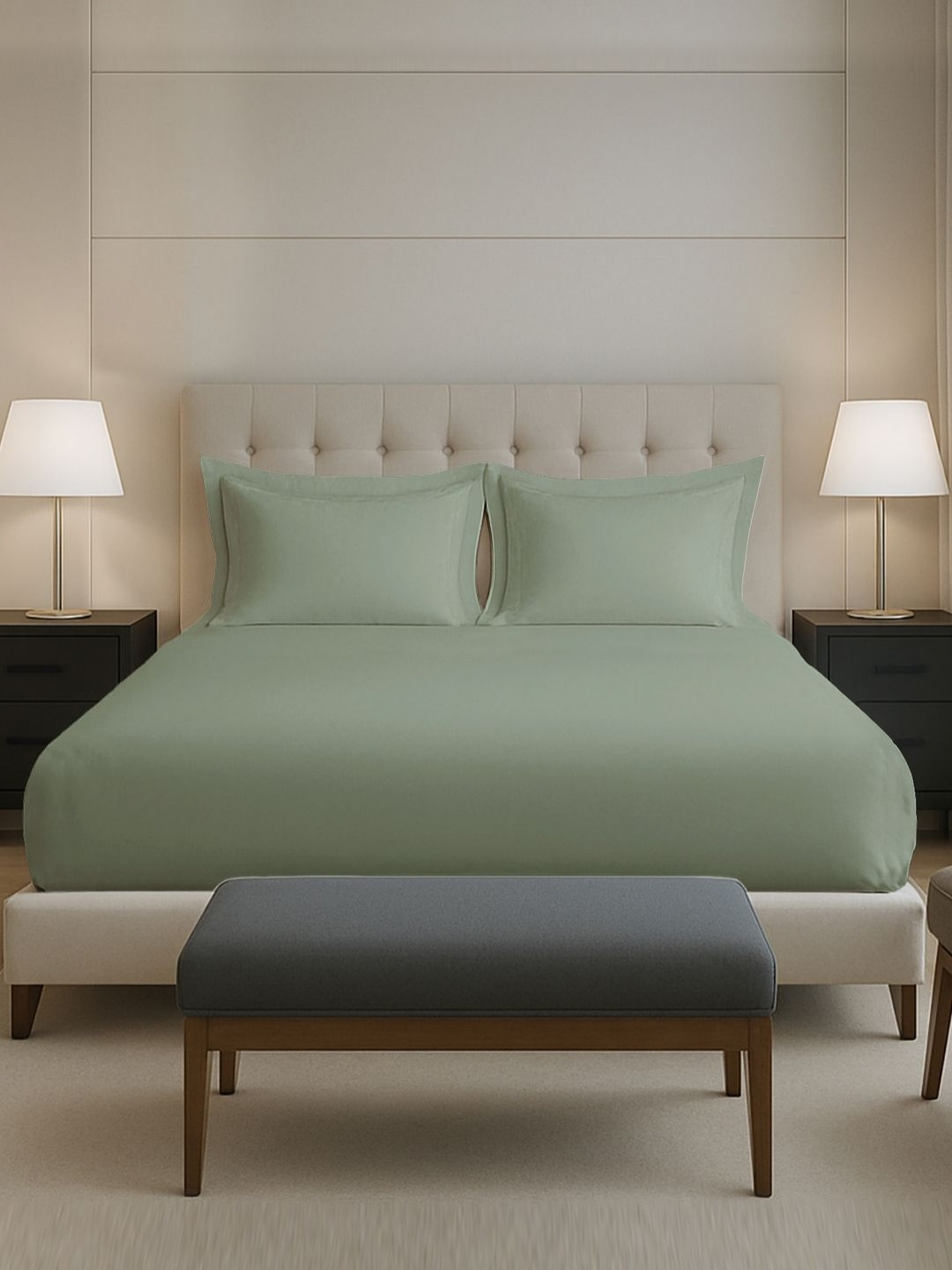 PIZUNA LINENS Sea Green 400 TC Cotton Queen Bedsheet With 2 Pillow Covers