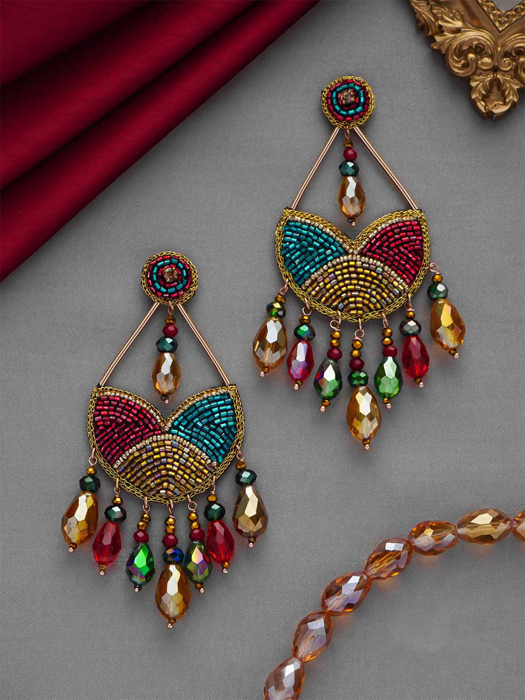 EVERSTYLISH Artificial Stones Studded & Beaded TearDrop Earrings