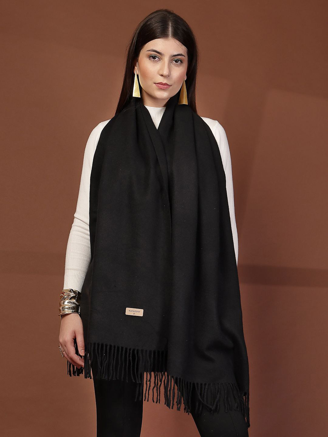 Mafadeny Women Solid Wool Stole with Tassels Bottom