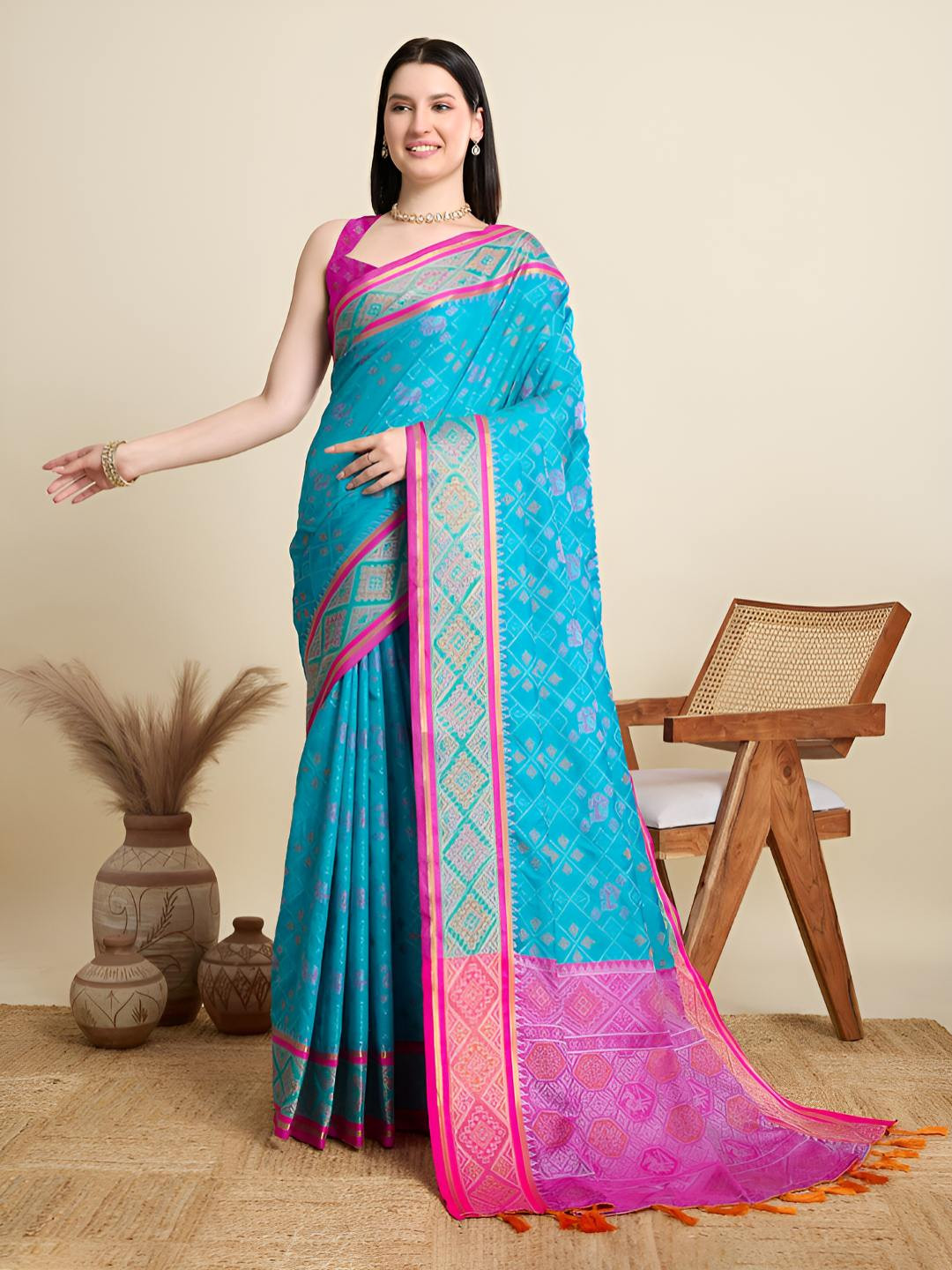 OFLINE SELECTION Geometric Woven Design Zari Patola Saree
