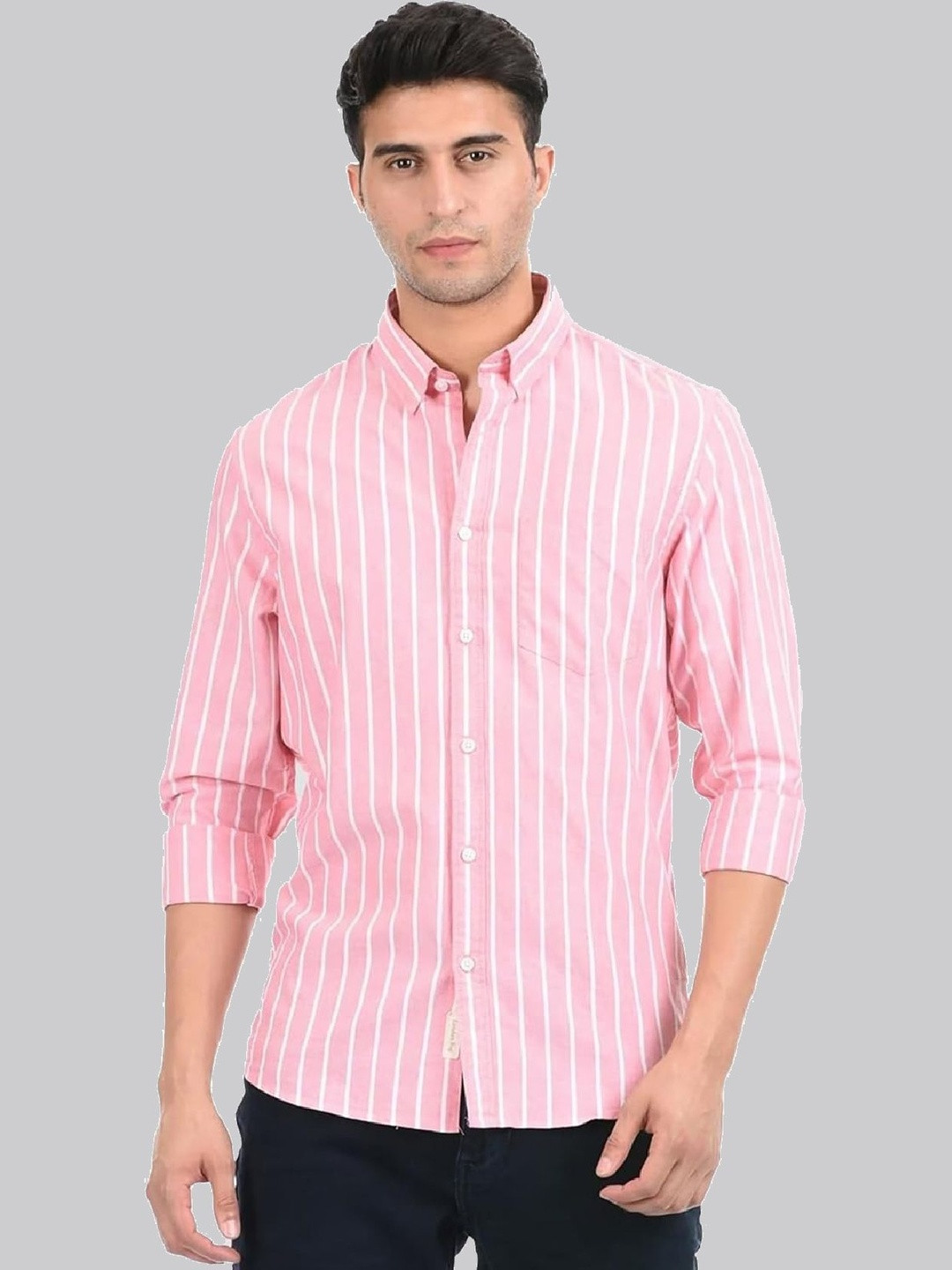 Eleni Trendz Men Pink Striped Cotton Regular Fit Casual Shirt
