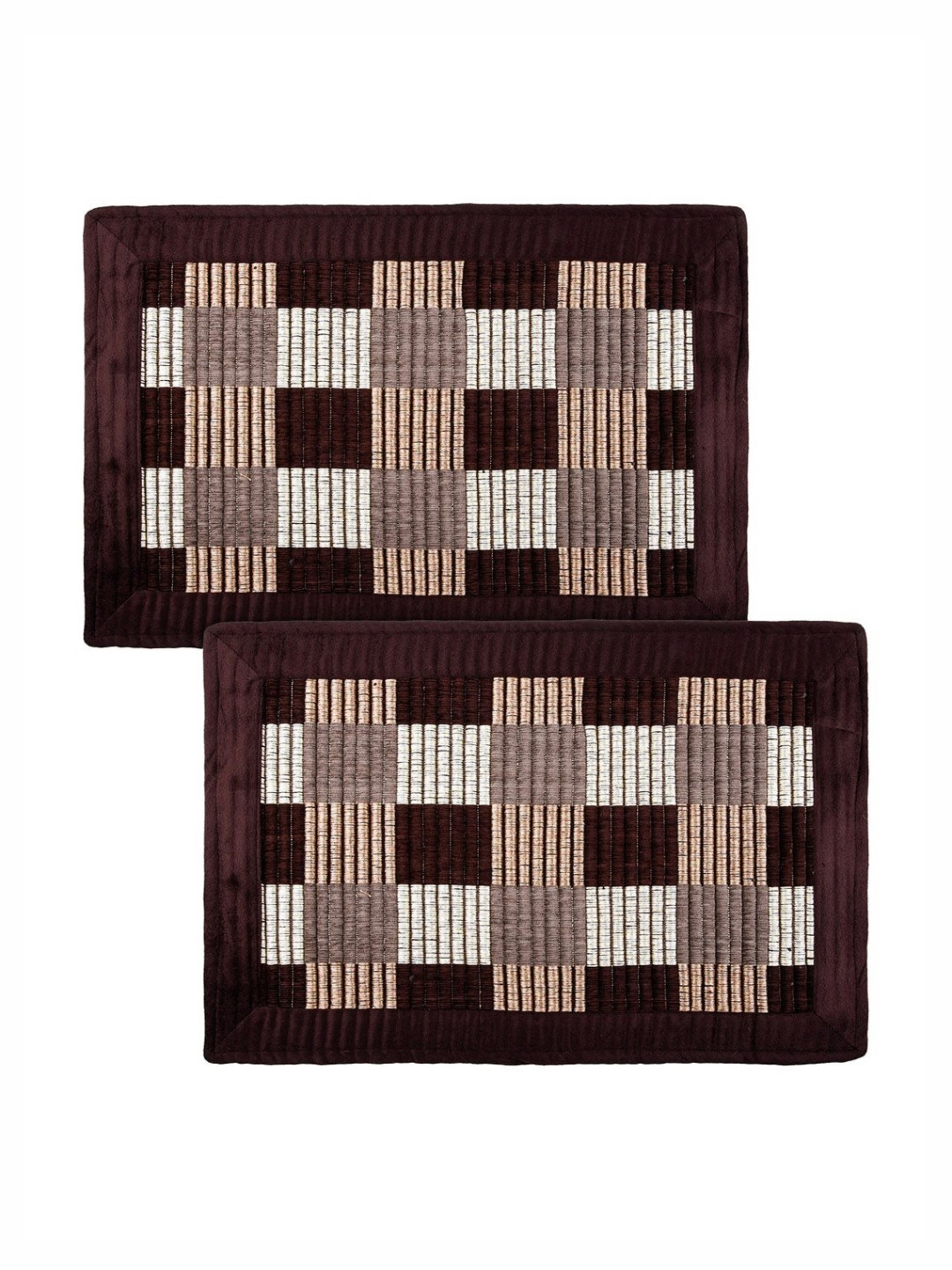 Aura Brown & Beige 2 Pieces Check Lining Anti-Skid Doormats