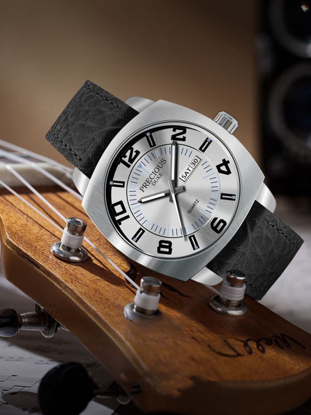 Precious Duke Men Leather Straps Analogue Watch PD_749842667592-Black-White