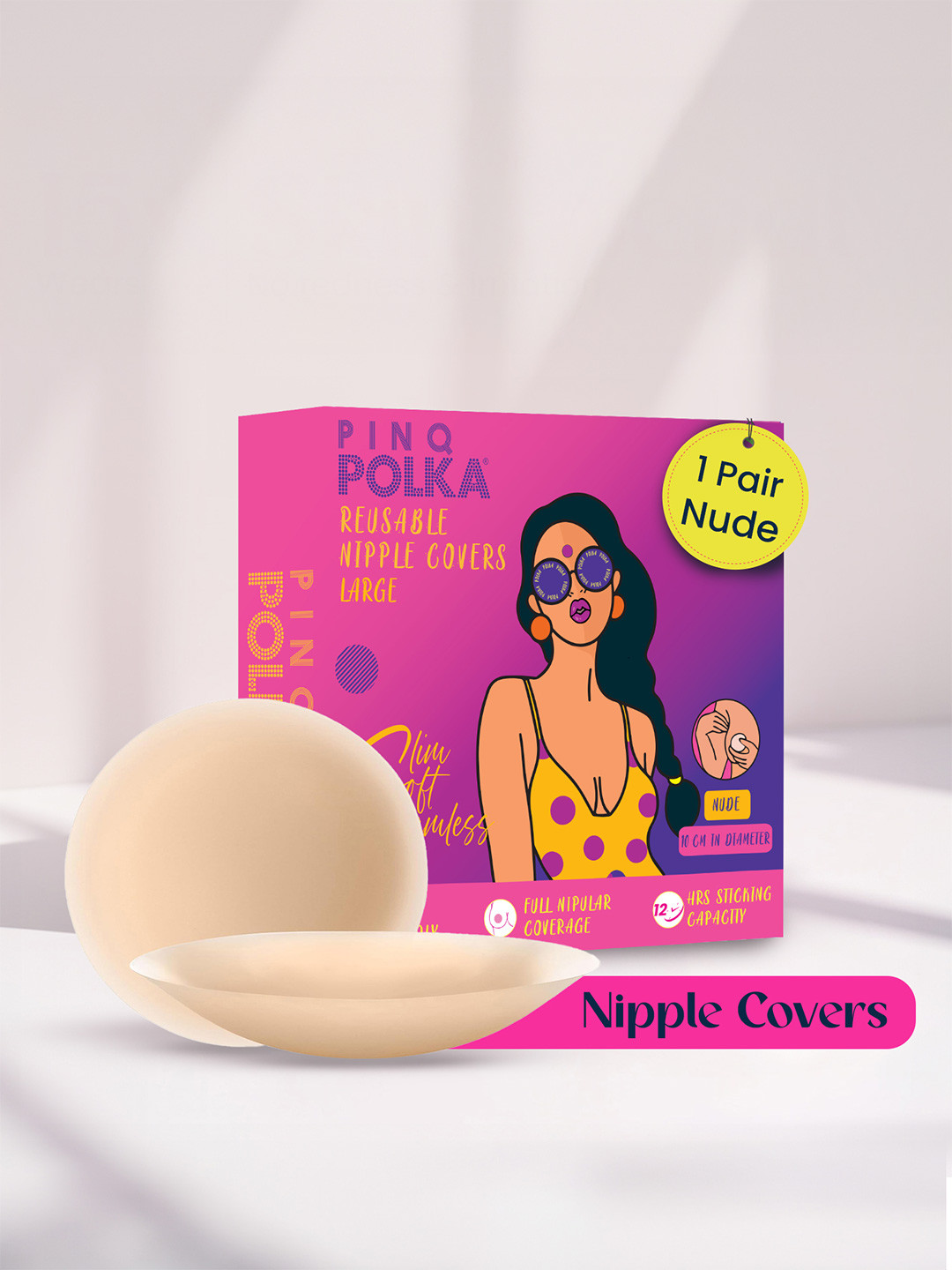 PINQ POLKA Reusable Nipple Cover Silicone Nipple Pasties Large 10 cm Stick On Nude 2 Pcs