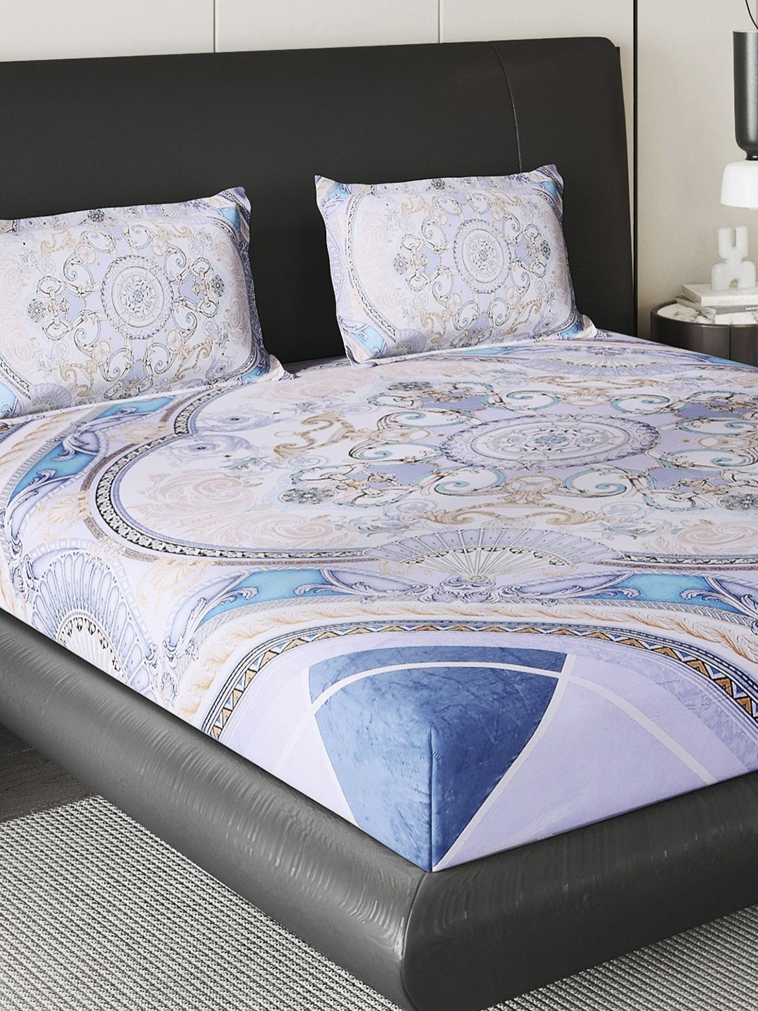 Monte Carlo Grey & Gold-Toned Ethnic Motifs 160 TC King Bedsheet Set 252 GSM