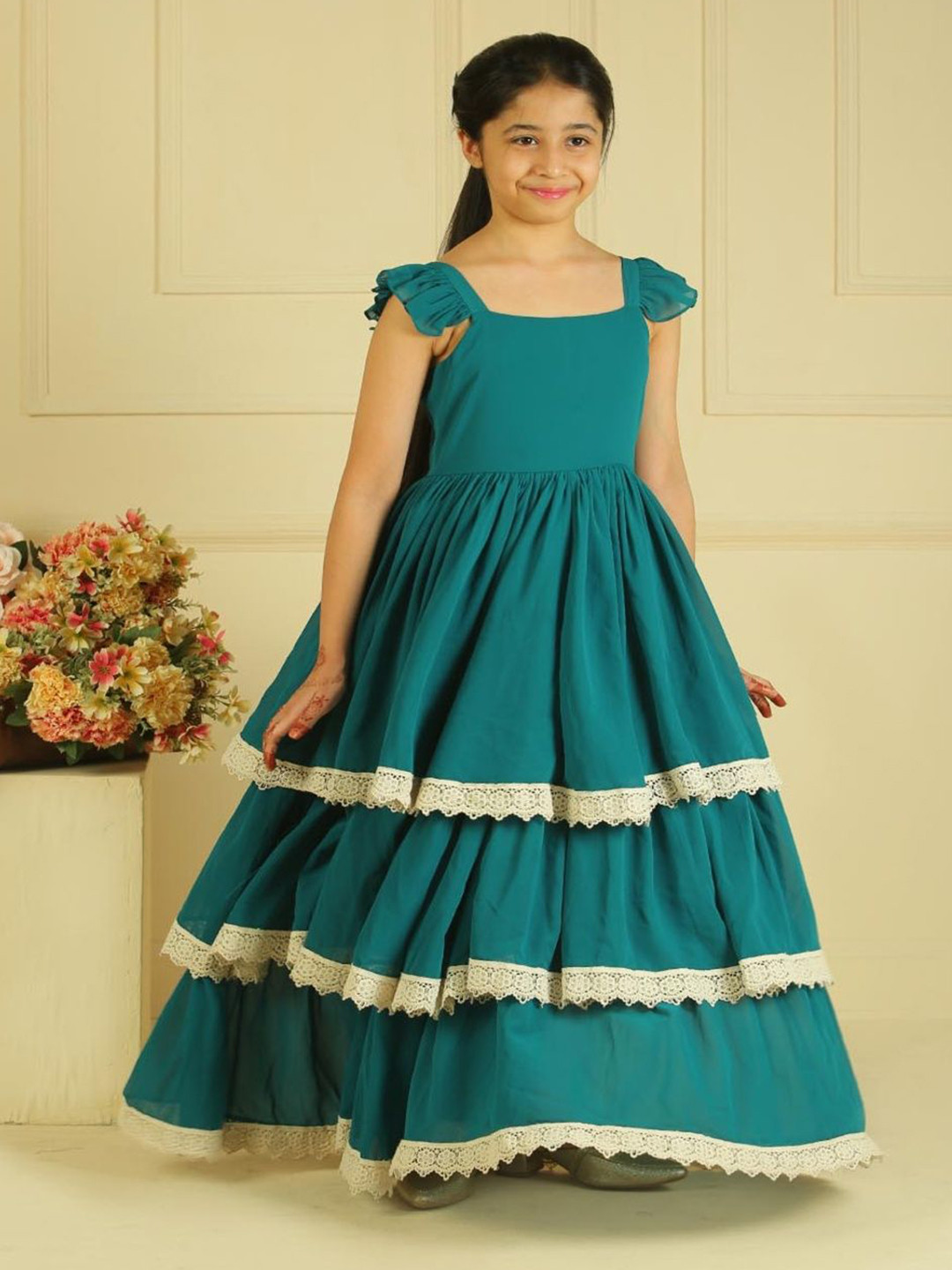 LH LUXURY FASHION Girls Solid Layered Fit and Flare Fairytale Flutter Sleeves Maxi Dress