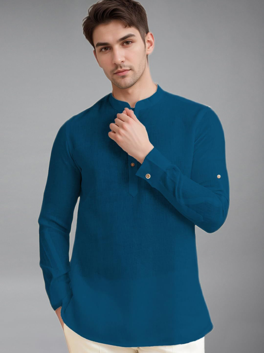 Vida Loca Men Mandarin Collar Full Sleeves Short Kurta