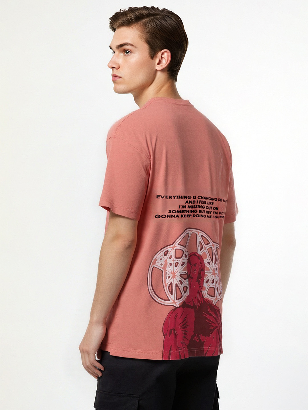 Peach Graphic Oversized T-shirt with Round Neck