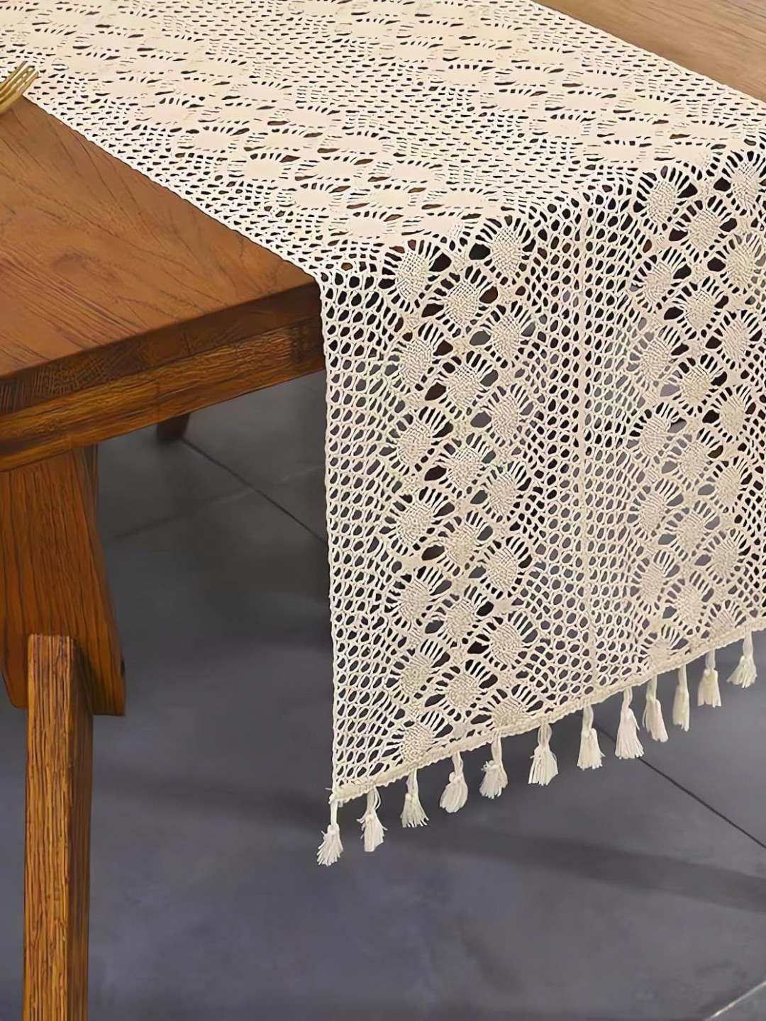 Alexvyan Boho Beige Textured Pure Cotton Table Runner With Tassels