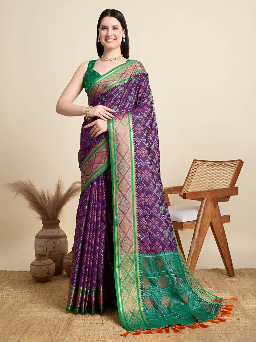 OFLINE SELECTION Geometric Woven Design Zari Patola Saree