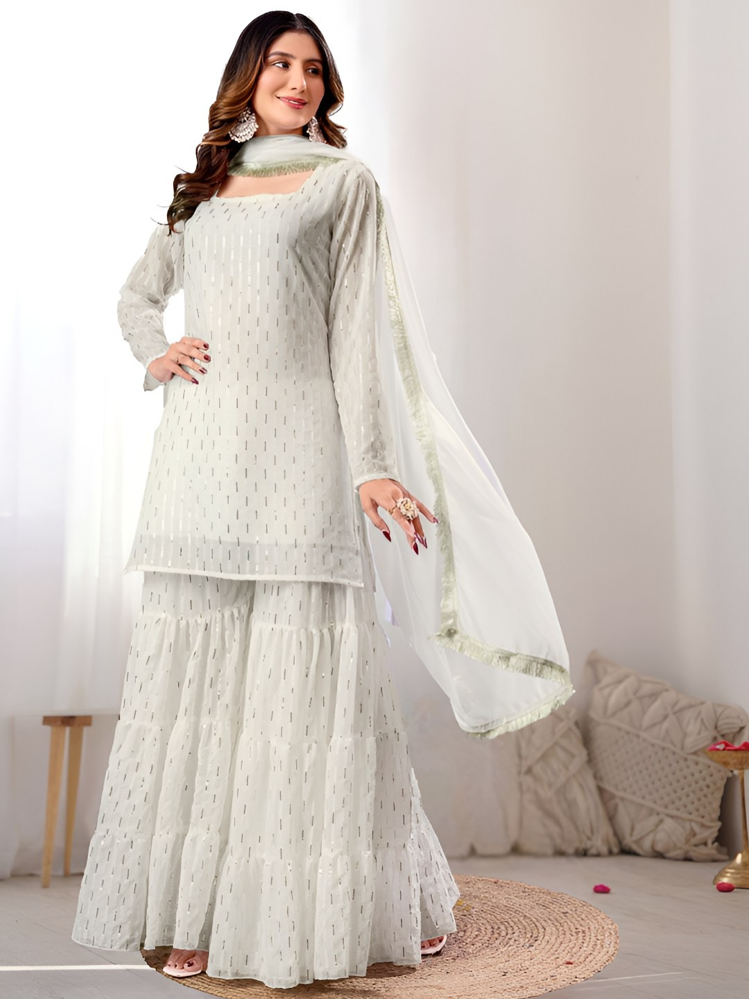 Shatanuvart Export Women Textured Kurta with Sharara & Dupatta