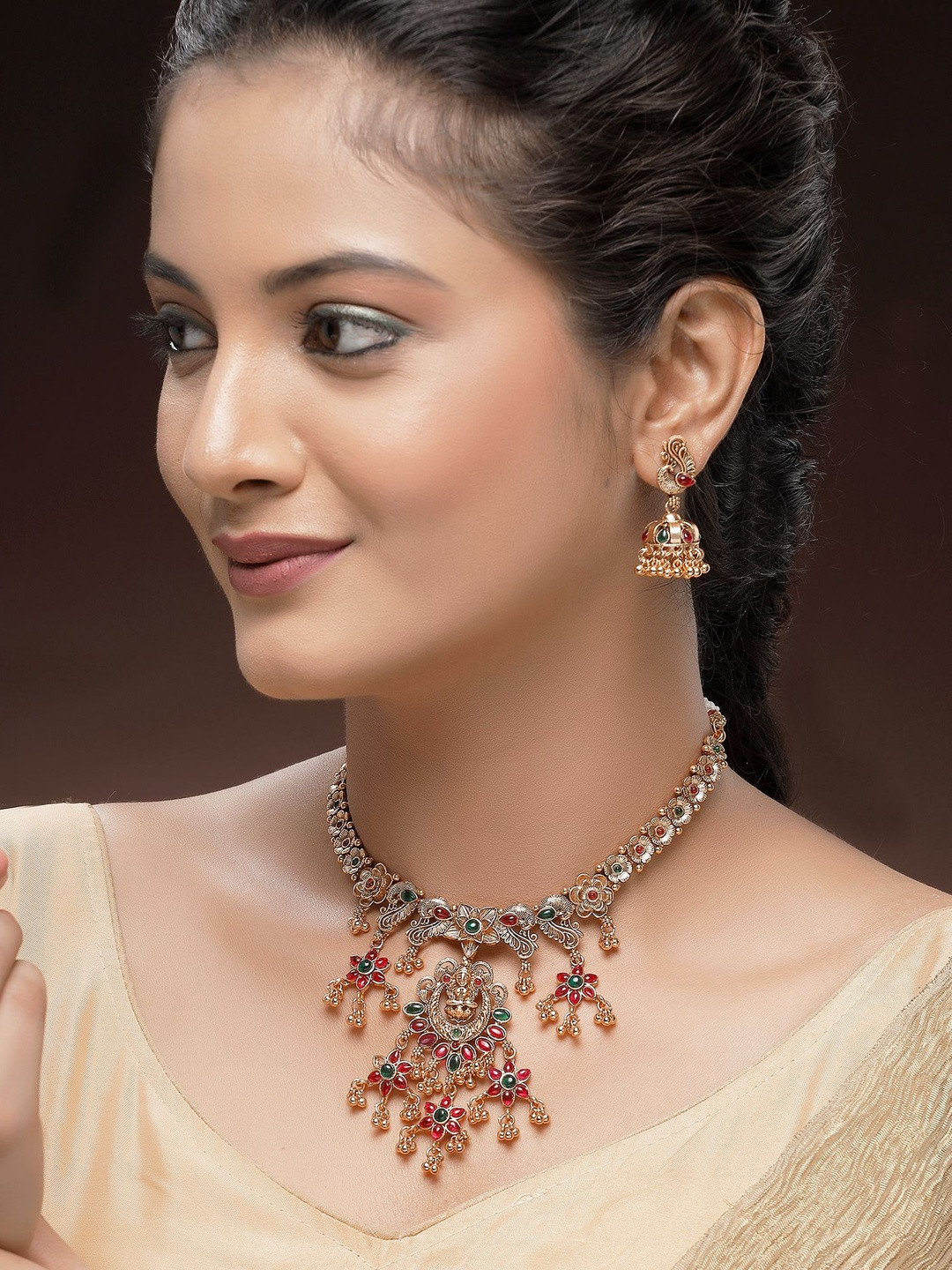 KARATCART Gold-Plated Artificial Stones Studded Goddess Laxmi Mata Temple Jewellery Set