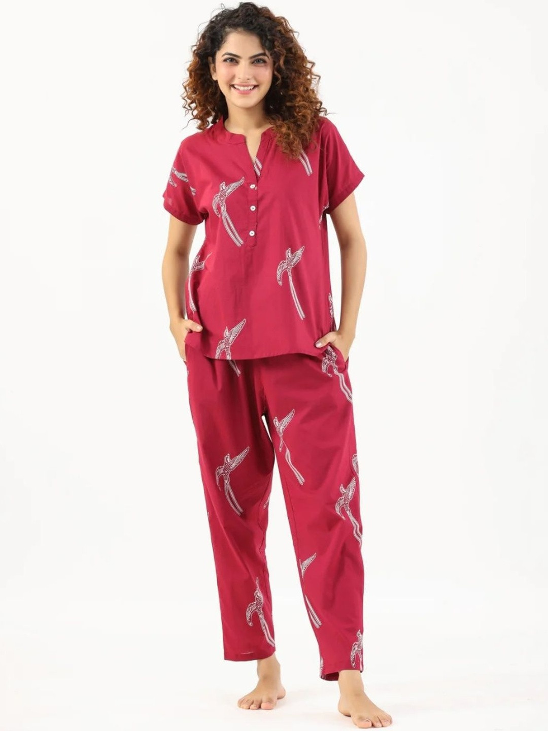 Style Heaven Women Maroon Floral Printed Night suit