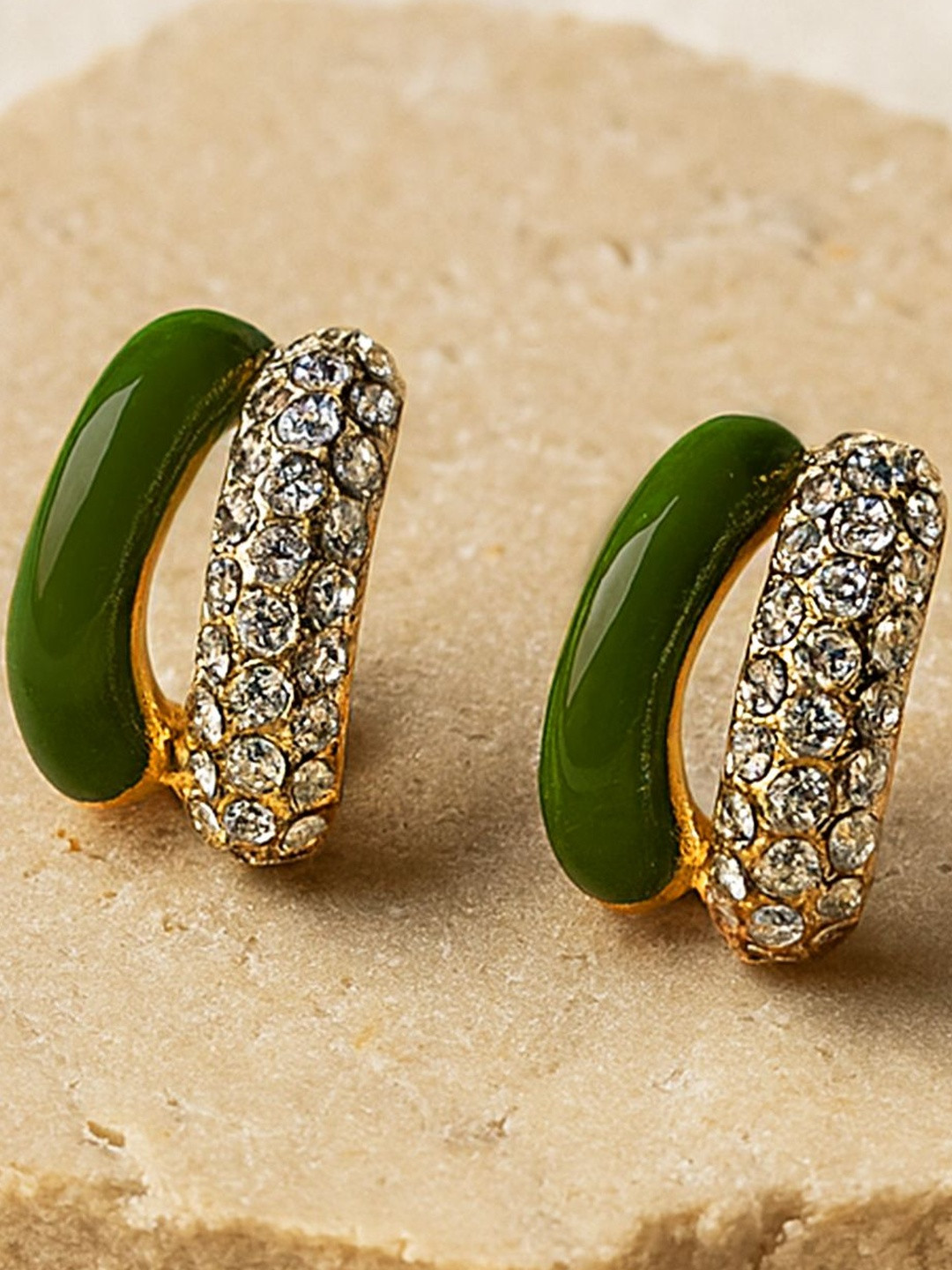 Bohey by KARATCART Gold-Plated American Diamond Studded Semi Circular Shaped Studs