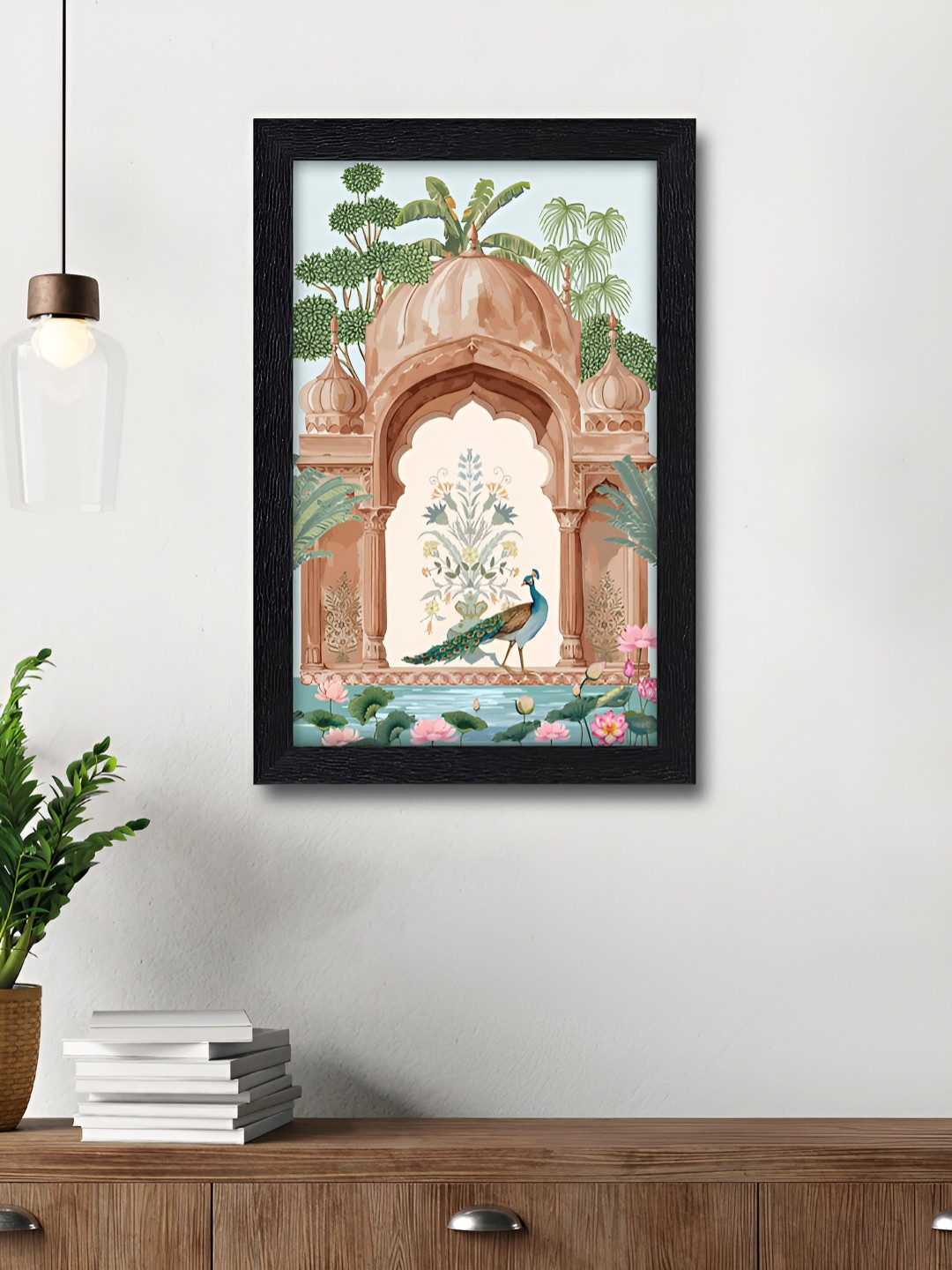 RANDOM White & Beige Peacock by Temple Pond with Lotus Laminated Glossy Framed Wall Art
