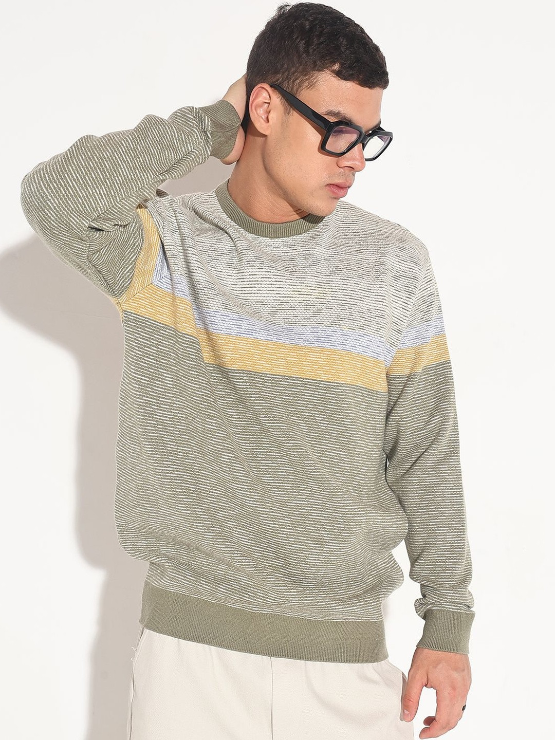 SHOWOFF Men Striped Green Ribbed Round Neck Sweater
