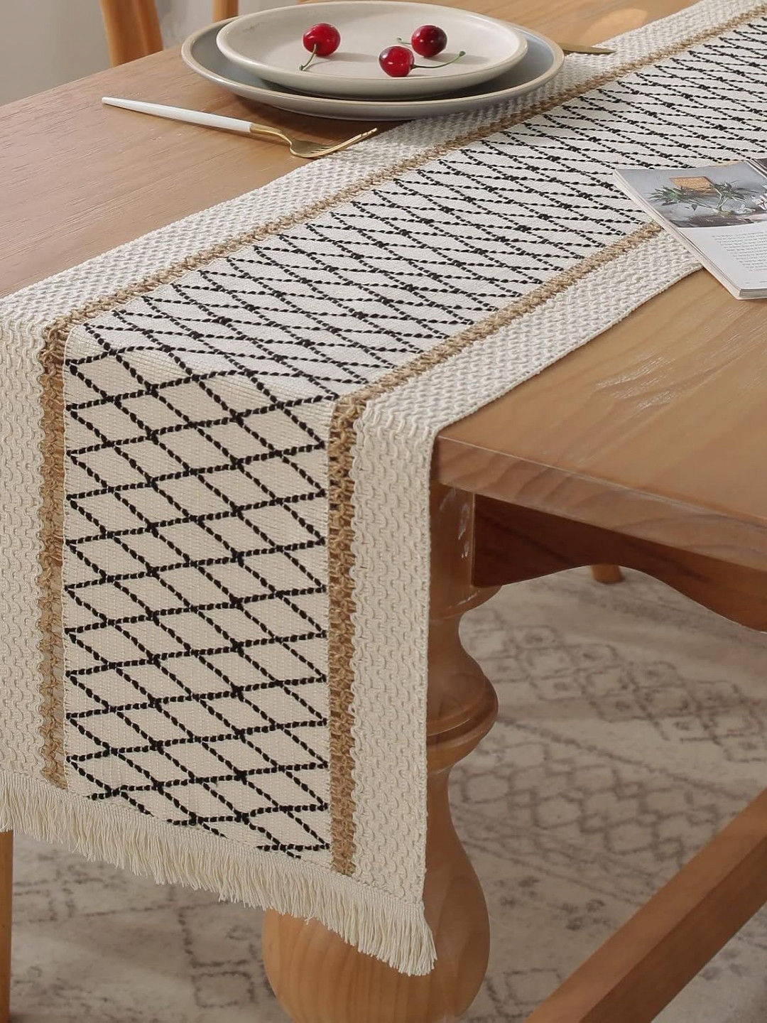 Alexvyan Black & Off White Textured Table Runner With Tassels