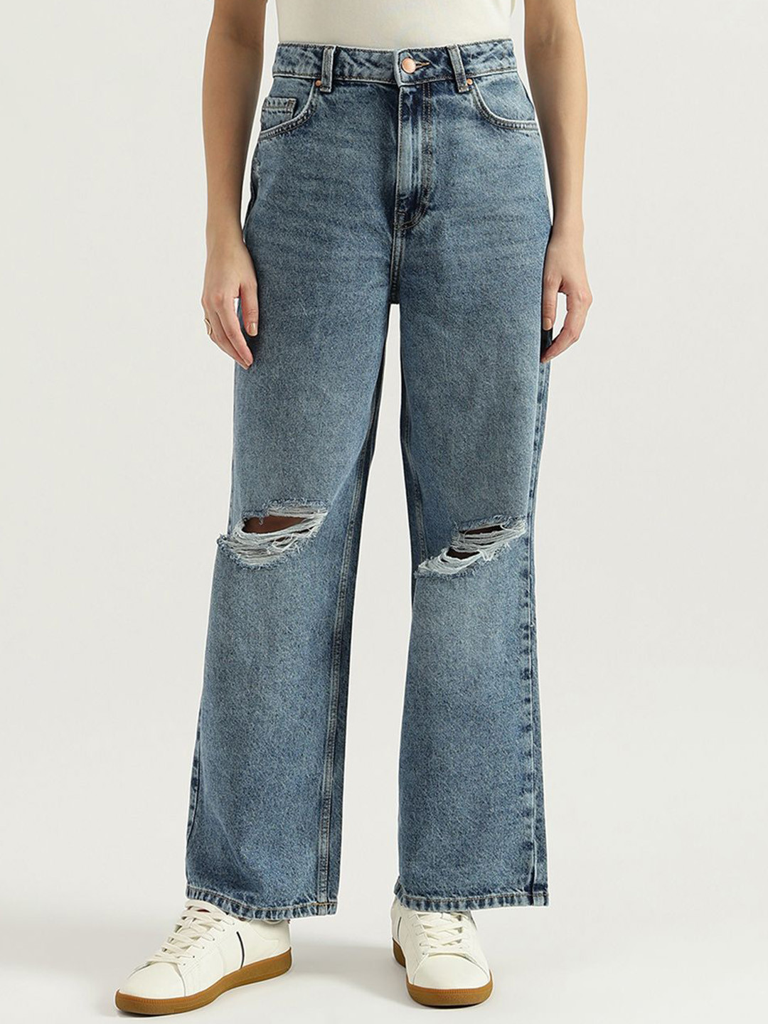 United Colors of Benetton Women Wide Leg High-Rise Slash Knee Cotton Jeans