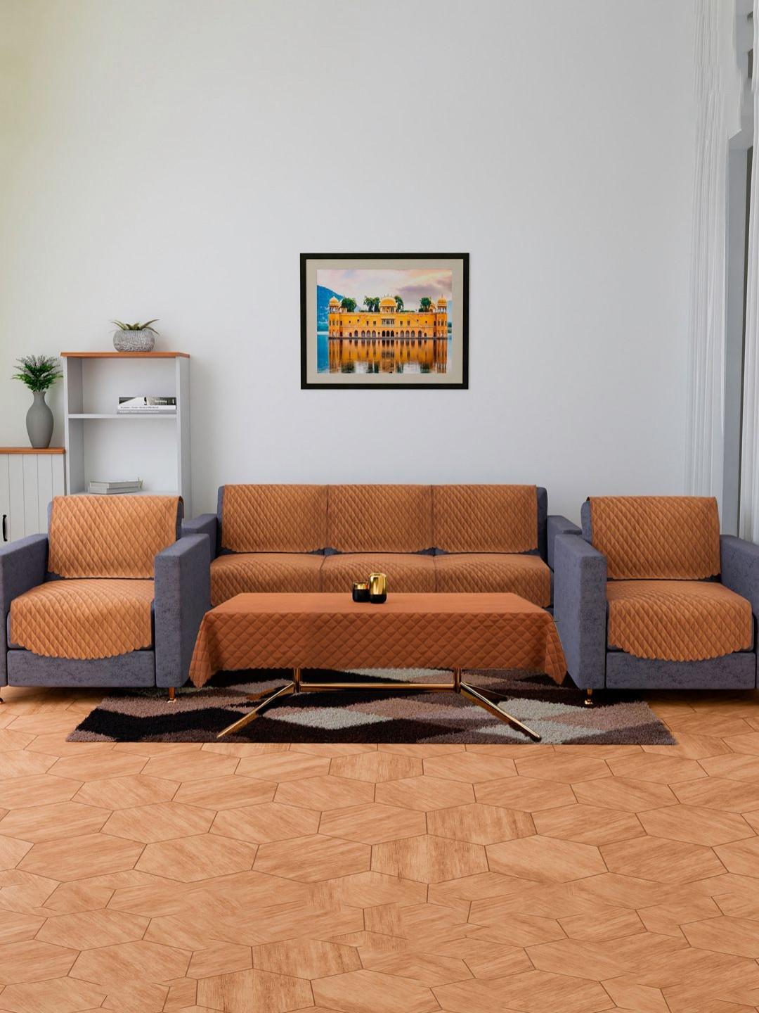 Aura Unisex Brown Solid 5 Seater Quilted Sofa Cover With Center Table Cover Set