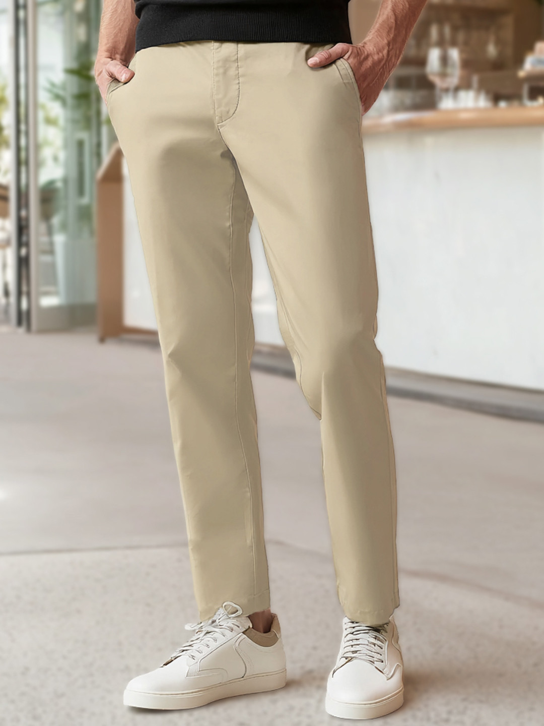 Urbano Fashion Men Cream-Coloured Slim Fit Easy Wash Cotton Chinos