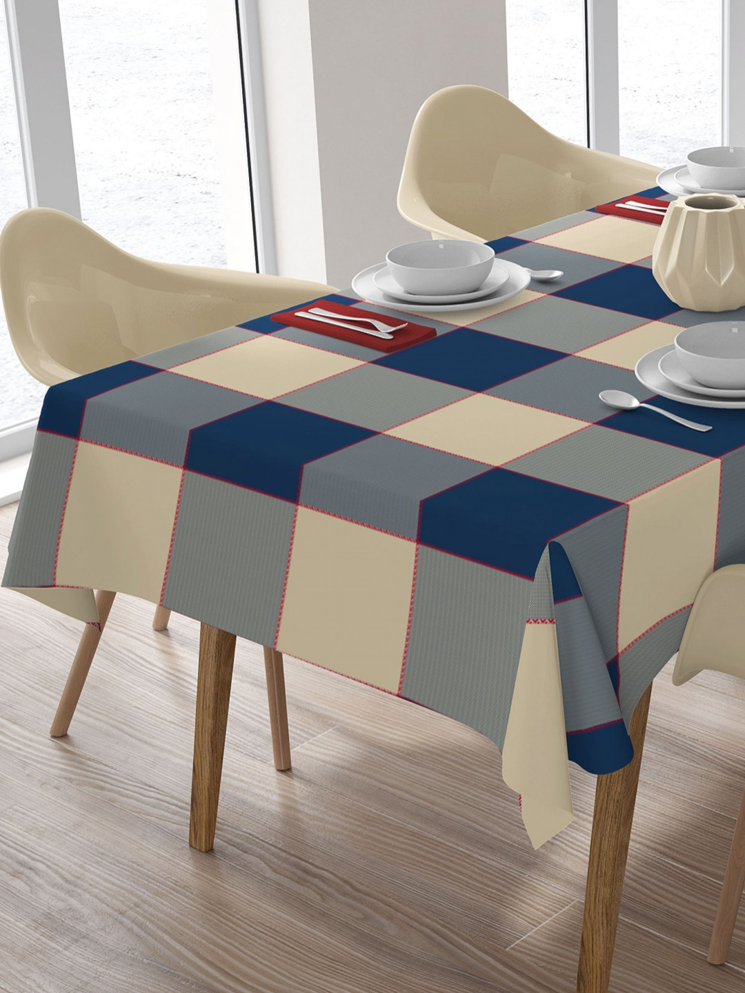 HOME COLORS.IN Beige & Blue Checked Cotton 8-Seater Table Cover