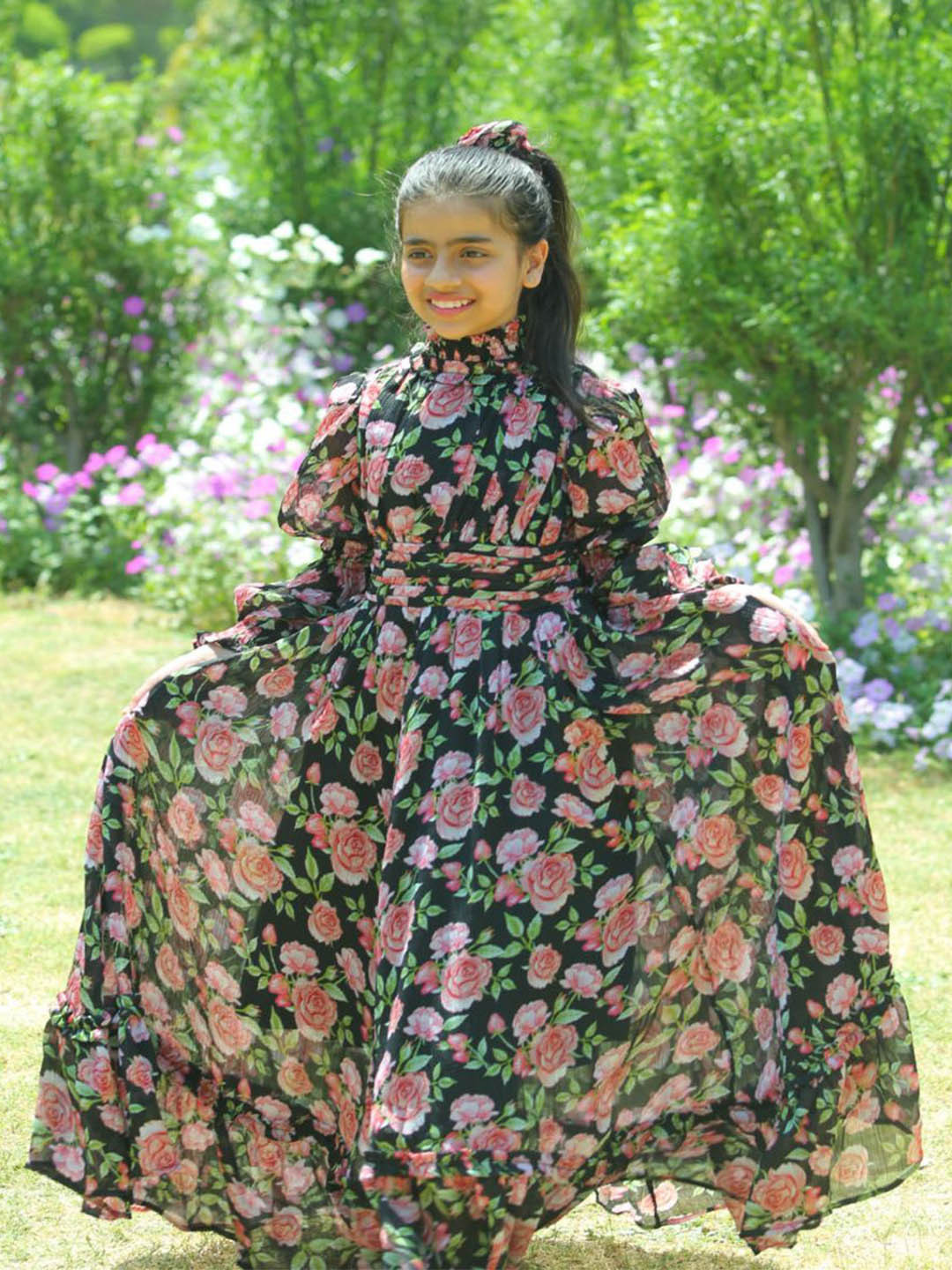 LH LUXURY FASHION Girls Floral Print Pleated Fit & Flare Dress