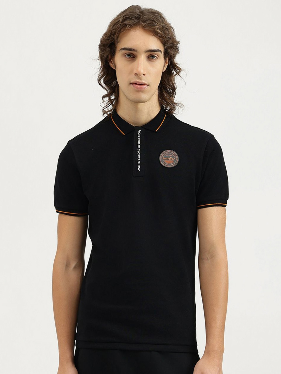United Colors of Benetton Men Brand Logo Printed Polo Collar Pure Cotton T-shirt