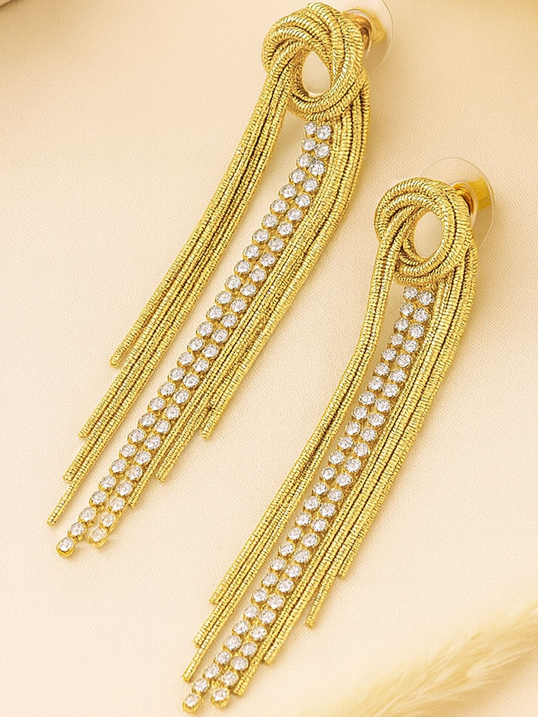 Bohey by KARATCART Gold-Plated American Diamond Studded Long Chain Knot Tasselled Studs