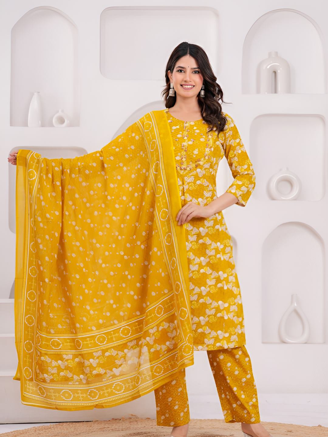 AFFO Women Floral Printed Cotton Kurta with Trousers & Dupatta