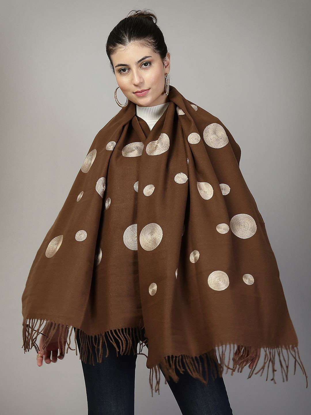 Mafadeny Women Geometric Embroidered Shawl With Fringe Border