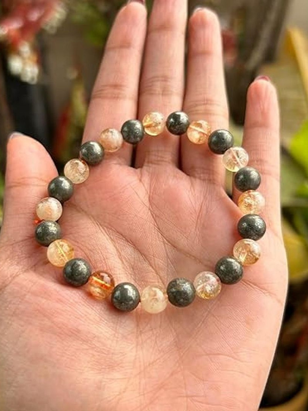 EPSAA Unisex Citrine & Pyrite Studded Elasticated Bracelet
