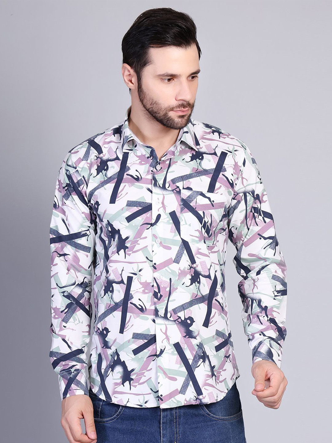 RARE CAMEL Men Abstract Printed Spread Collar Casual Shirt