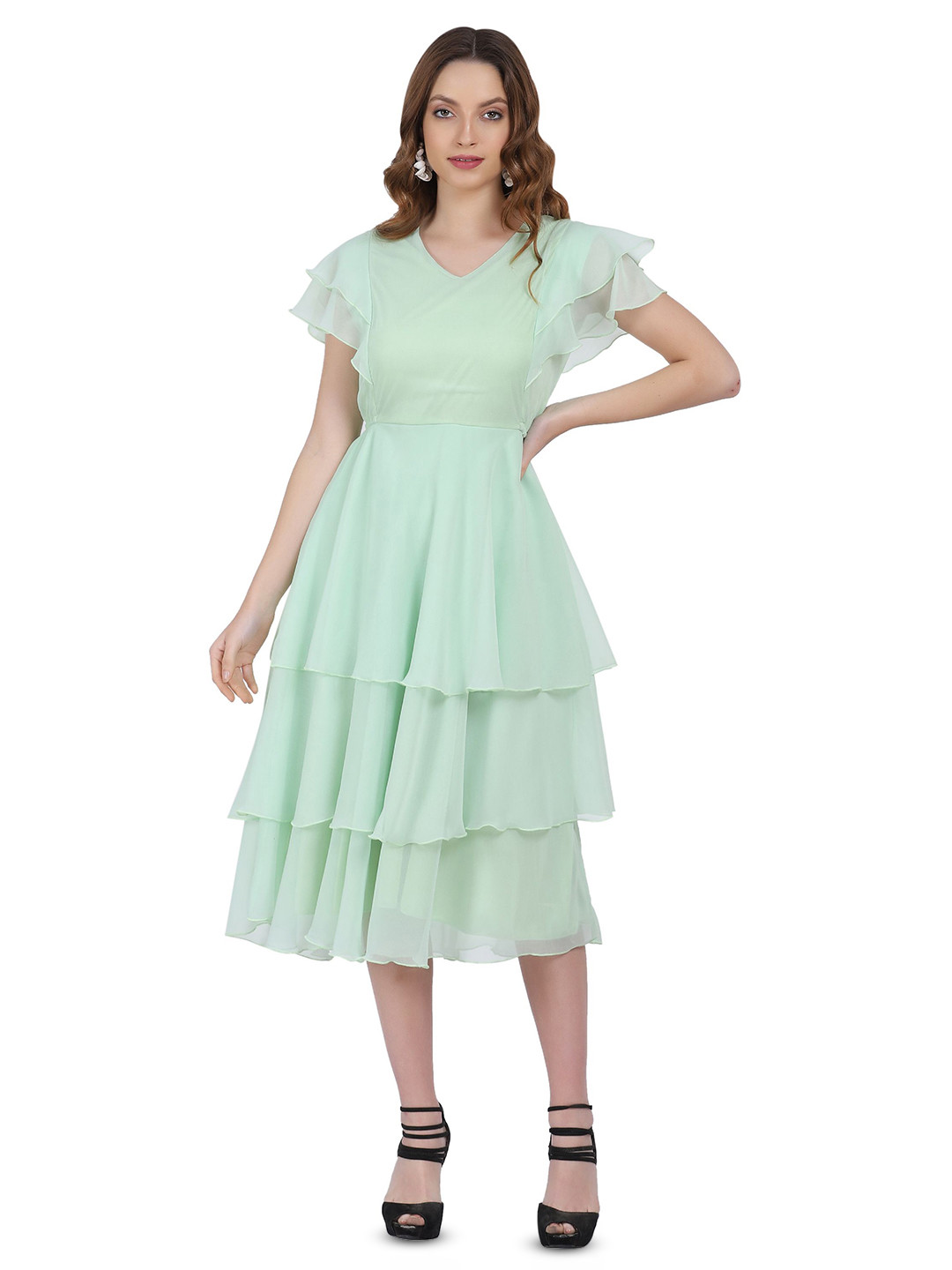 Warsian Women V Neck Layered Fit & Flare Midi Dress