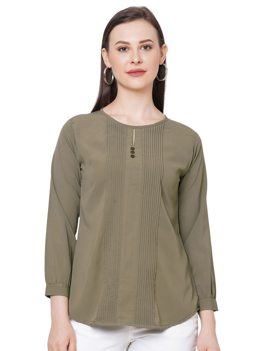 G0-4 IT Keyhole Neck Cuffed Sleeves Pleated Top