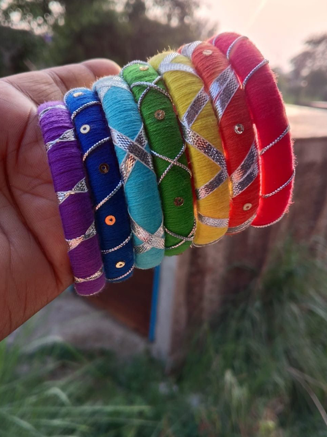 Acrux Set Of 7 Sterling Silver Thread Work With Sequins Bangles