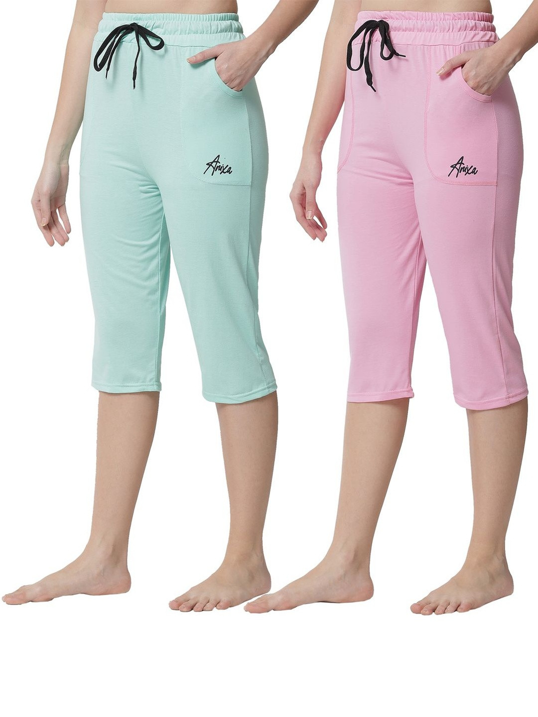 TRENDY WORLD Women Pack of 2 Cotton Pink & Green Capris